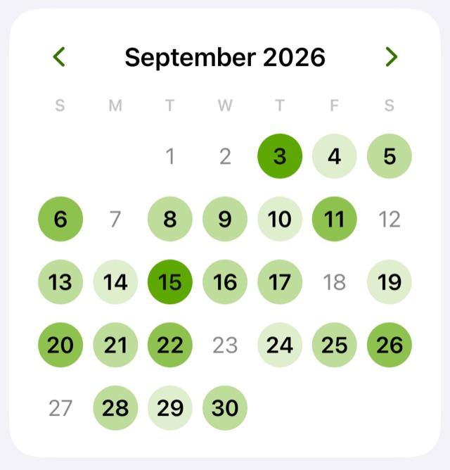 A month calendar shaded by how many notes each day has